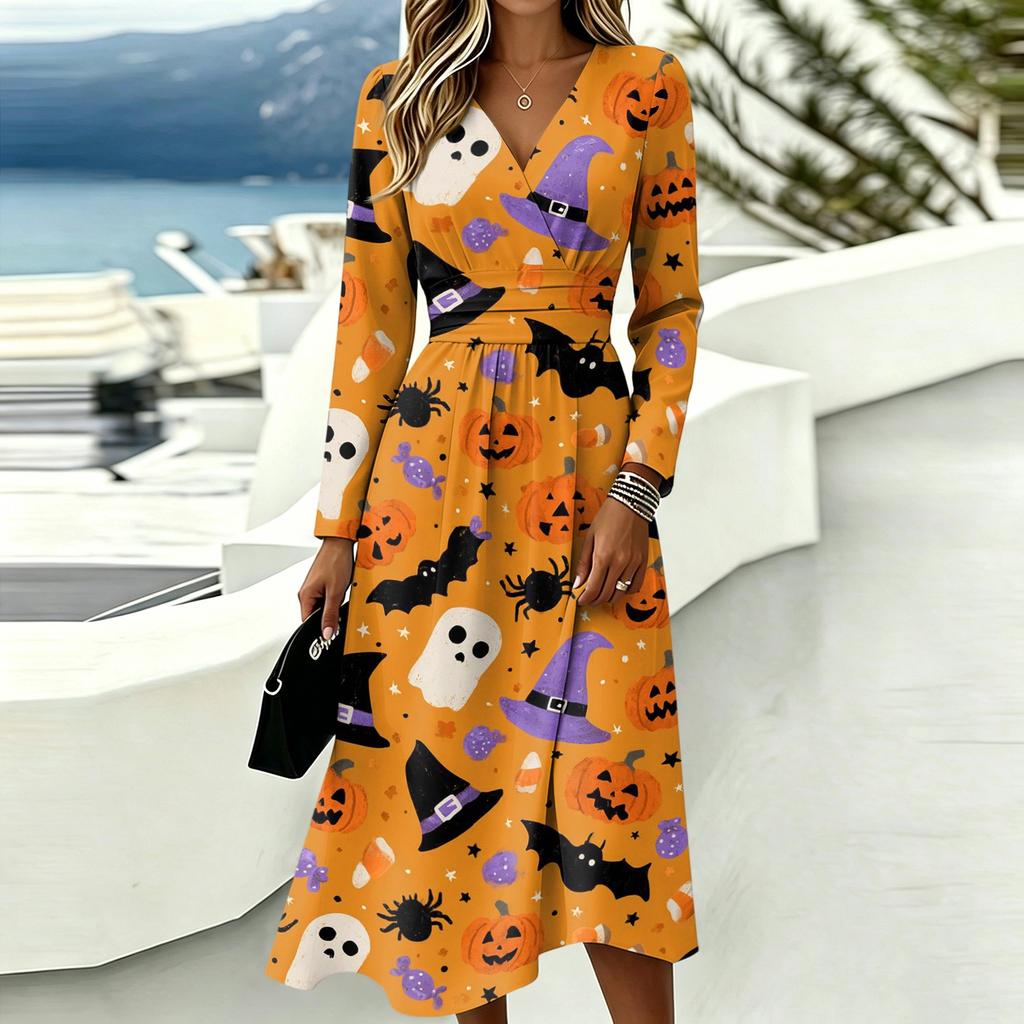Women's Halloween Print V-Neck Long Sleeve Casual Dress with Pockets