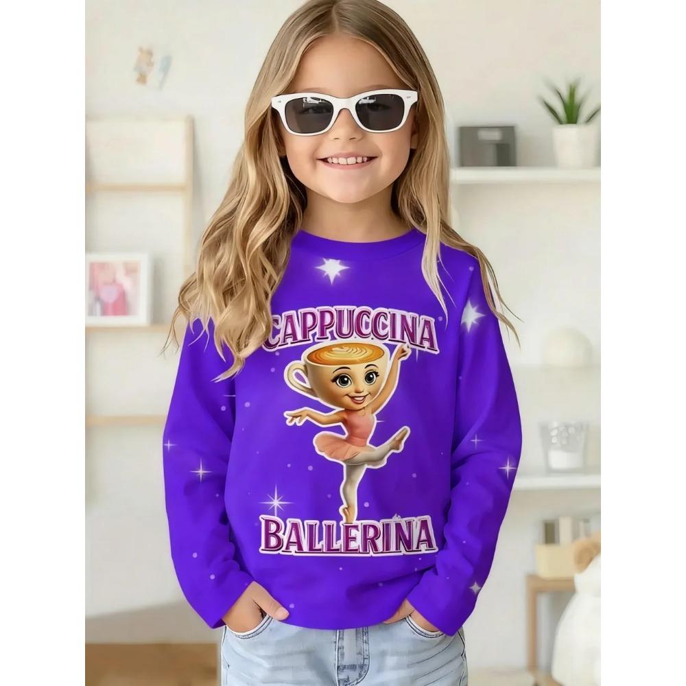 Spring and Autumn Round Neck 3D Cappuccina Ballerina Printed Top Fashionable Casual Long Sleeved Children's Girl T-shirts