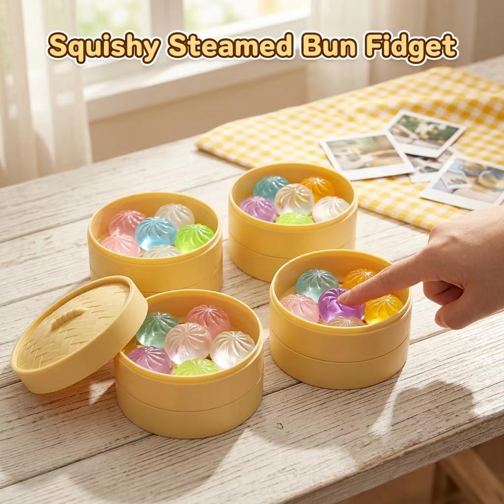 Mini 5Pcs Dumplings With Steamer Bun Squeezable Toy Set Soft Stress Relief Crystal Squishy Fidget Sensory Toy Adults Favors Gift