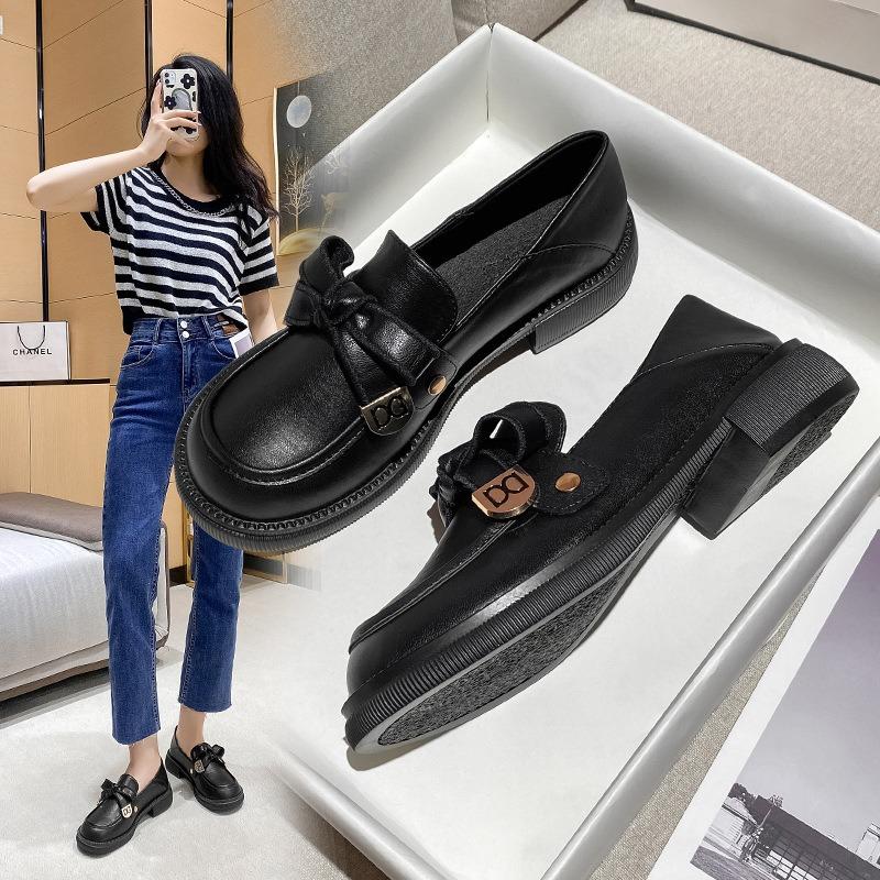 Low-heeled British Small Leather Shoes Women's Spring Summer One-pedal Single Shoes Classic College Style Big Head Shoes Tide