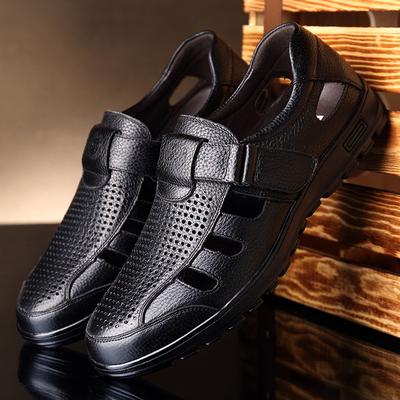 Summer Leather Hollow Sandals Velcro Hole Shoes Breathable Casual Men's Shoes Soft Sole Dad Cool Leather Shoes Men's 7688
