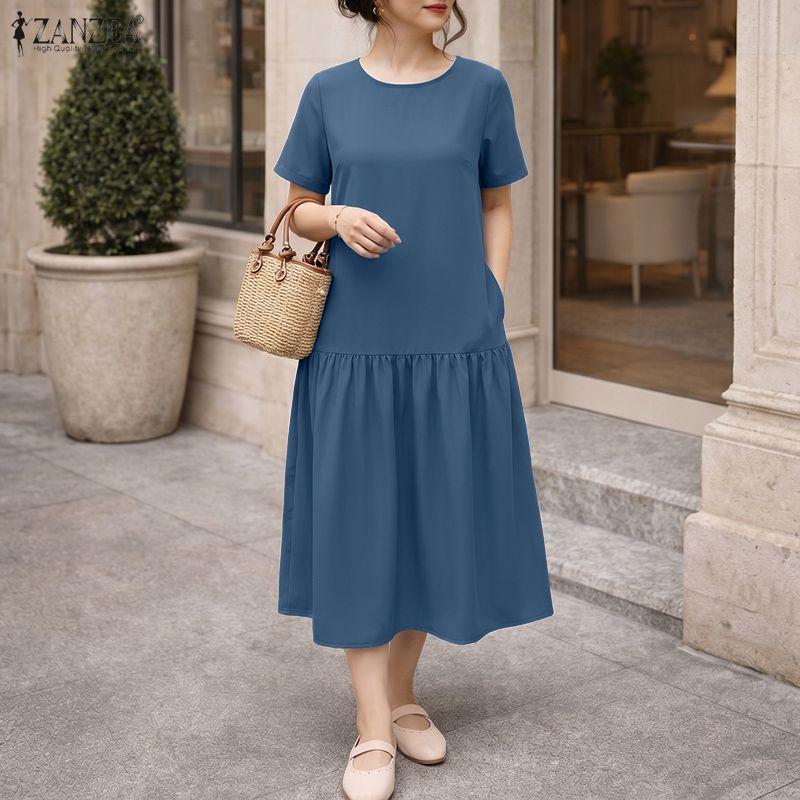 ZANZEA Women Casual Round Neck Solid Color Loose Summer Dress