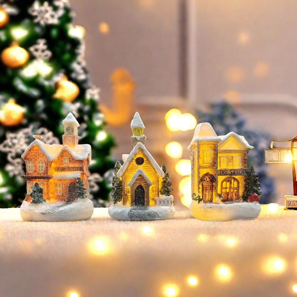 Luminous Color/Grey House Decorations, Country Building House Scene, Handmade Resin House with LED Lights, Indoor Festival Party
