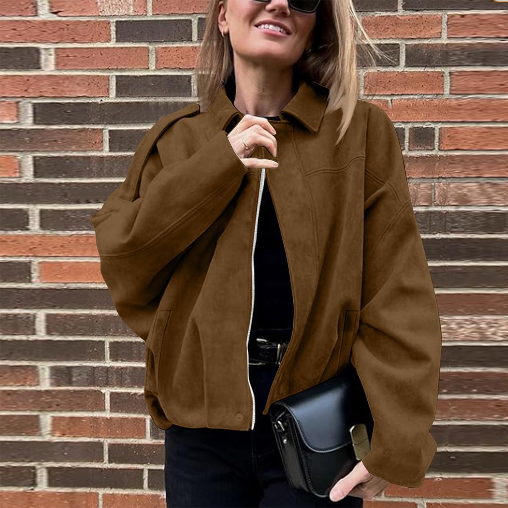 Damen Farb Mode Langarm Reißverschluss Lässig Oberteil Jacke Jacke