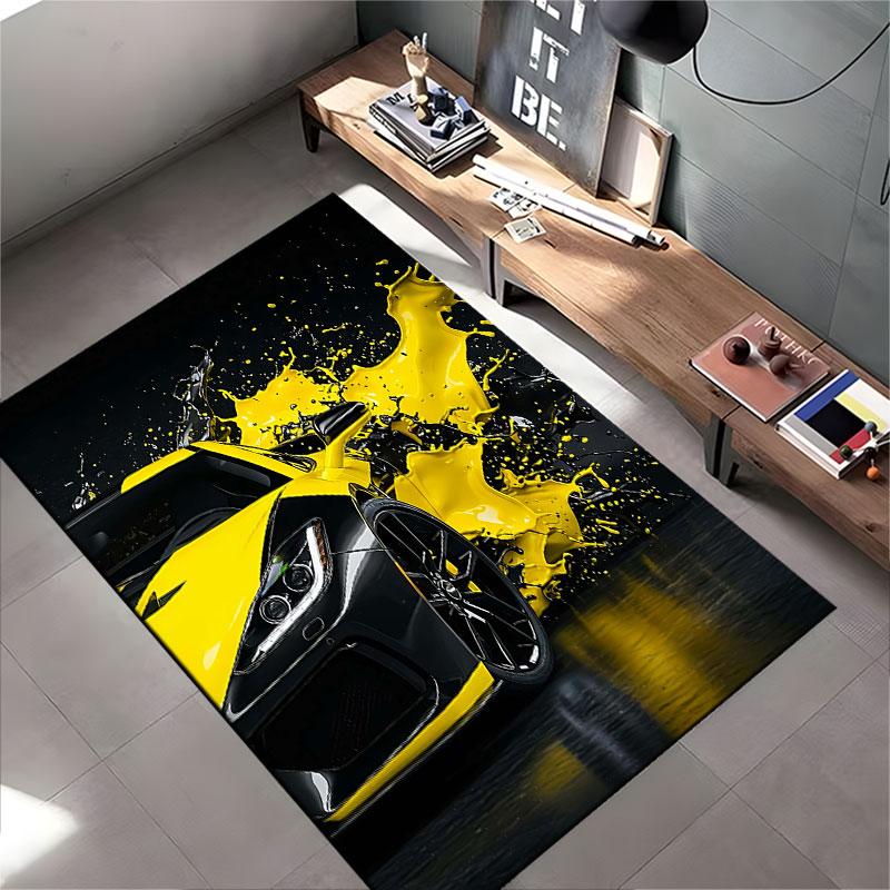 Sports Car with Yellow Paint Splash suitable as a non-slip mat for the living room or bedroom sofa