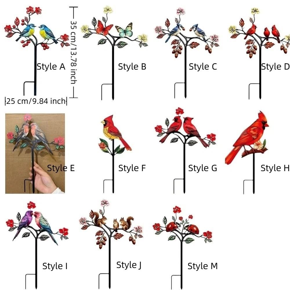 2D Flat Red Bird Garden Stake Iron Handmade Flower Branch Ground Plug Animals Pattern Funny Outdoor Yard Art Yard Ornament