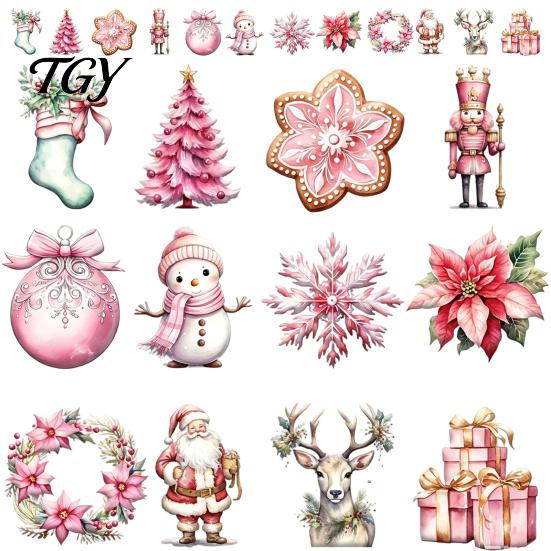 Christmas Home Decor 12/24/36Pcs Pink Wooden Ornaments Set, Snowman Santa Hanging Tree Decors, Xtmas Hanigings with Ropes for
