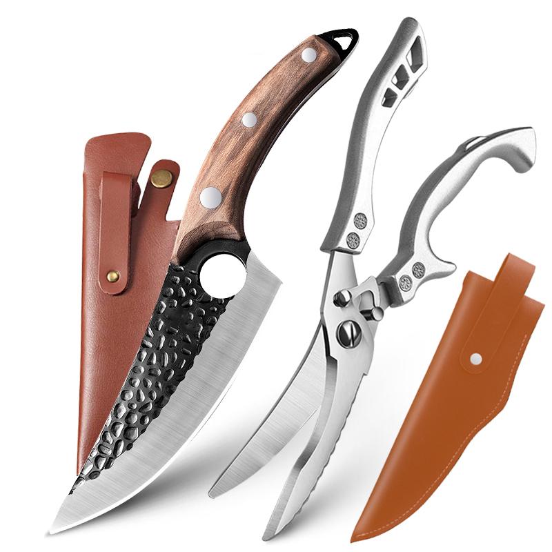 

Кованый нож ручной работы, кухонный нож из нержавеющей стали, мясник, обвалочный нож для мяса, уличный охотничий походный нож, ножницы 2pcs коричневый