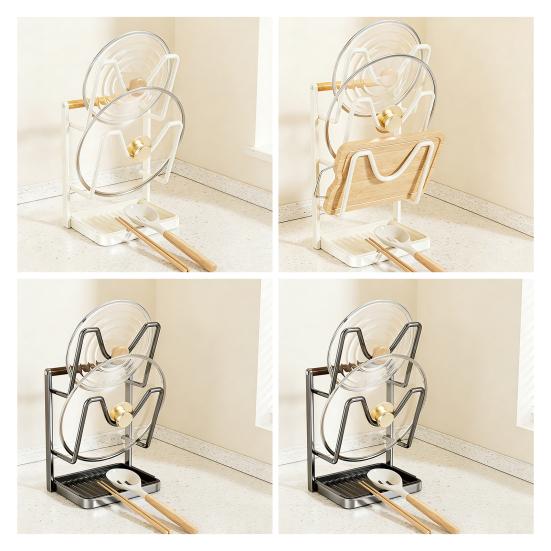 Küchen Topfdeckel Aufbewahrungsregal Kohlenstoffstahl Topfdeckelhalter beim Kochen Topfdeckelständer mit Löffelablage Abnehmbare Abtropfschale für Arbeitsplatte Pfannendeckel