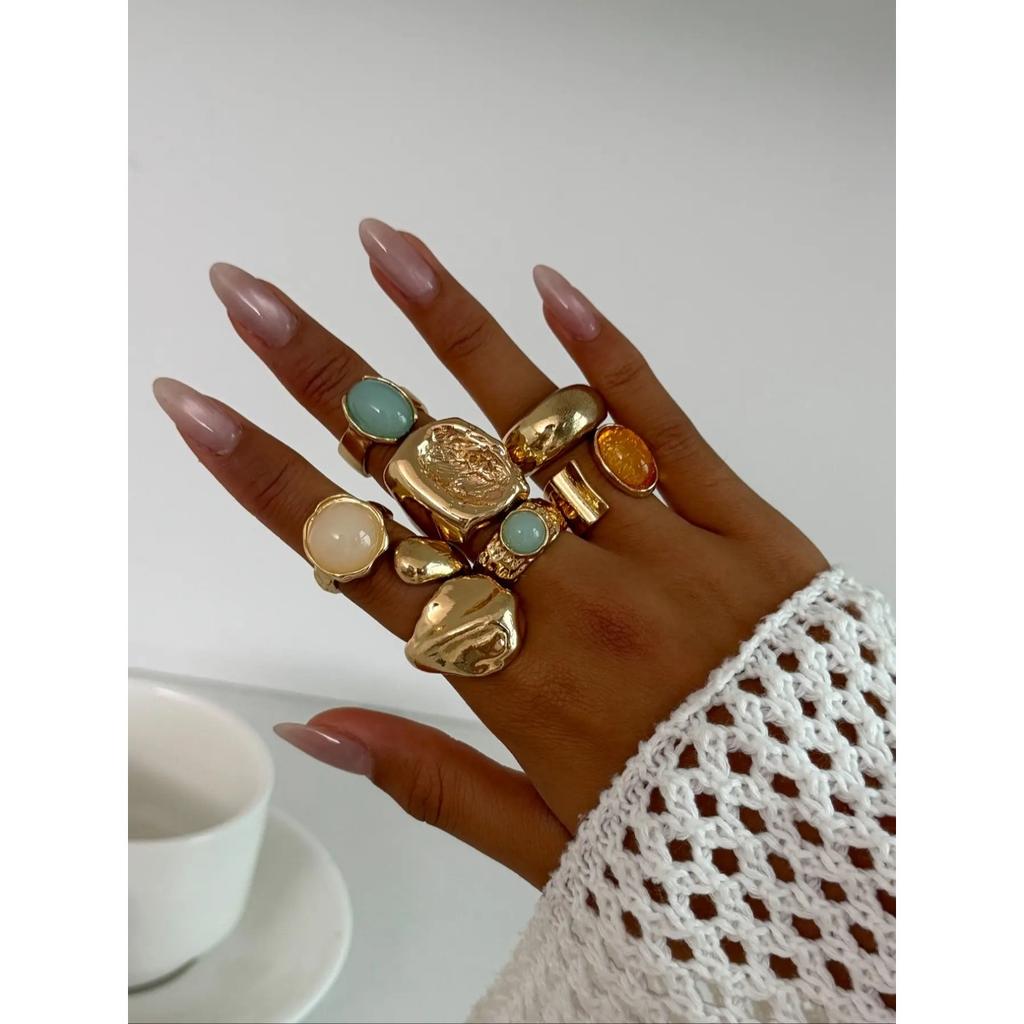 7 Pieces Women's Vintage Fashion Geometric Design Ring Set, Bold Metal Rings, Perfect for Daily Wear & Party, Jewelry Gifts