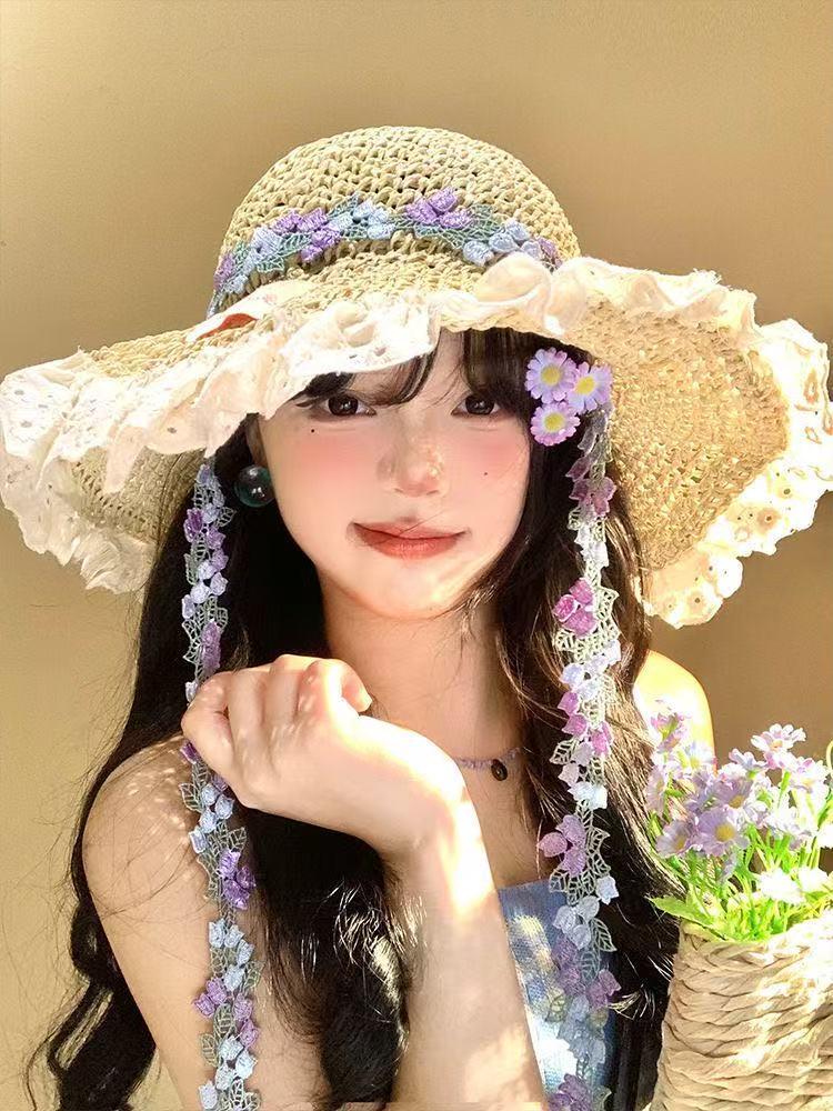 Straw hat women's summer new big-brimmed sun hat lace lace sunscreen seaside vacation hat breathable face