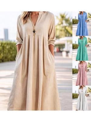 Spring-Autumn Women's Casual Loose V-Neck Cotton Linen Dress with Pockets