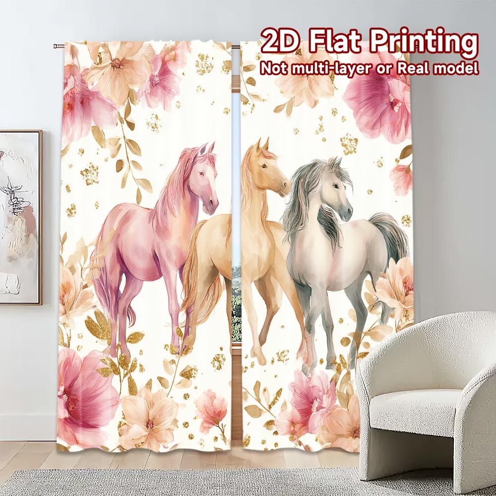 2D Flat Printing,JIT 2pcs, Curtains (Without Rod) Equine Celebration Modern Curtain Modern Machine Washable Fabric Curtains