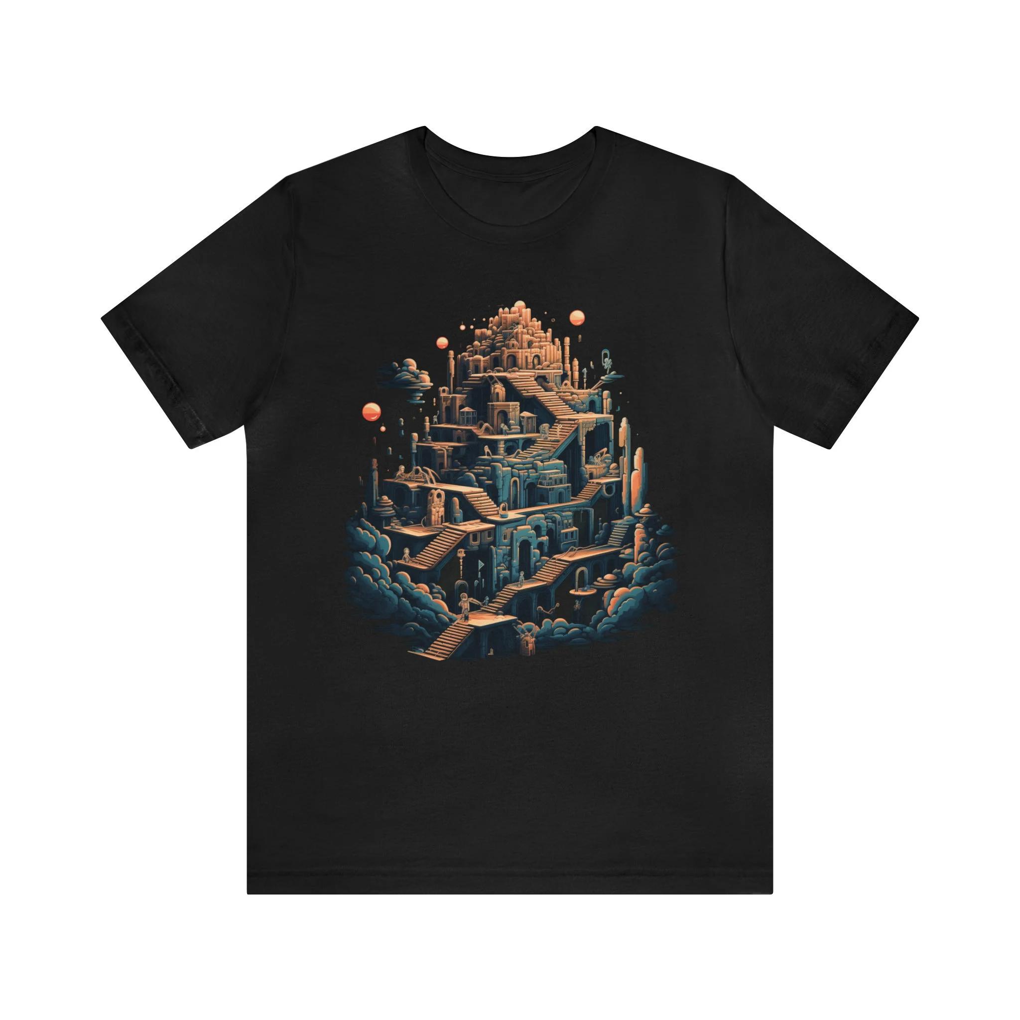 

MC Escher Inspired Stairwell T-Shirt - Mind-Bending Geometric Retro Streetwear High-quality Crew-neck Short-sleeved Men T-shirt 4XL