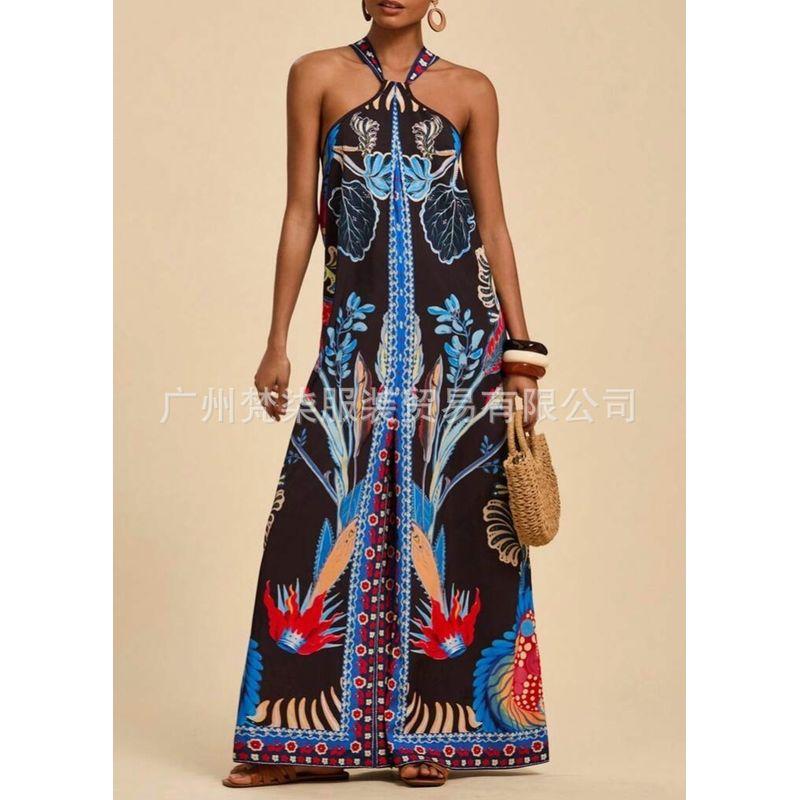 

Summer European and American Women clothes Bohemian Style Fashion Hanging Neck Sleeveless Print Wide Leg Jumpsuit Black S