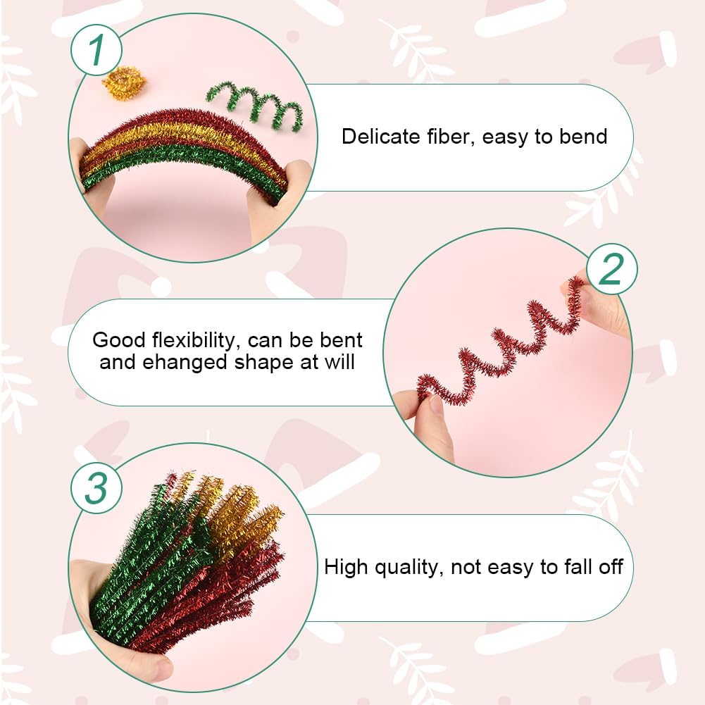 3 Colors 150Pcs Chenille Pipe Cleaners Colorful Pipe Cleaners Bulk Green Gold Red Glitter Reusable Fuzzy Sticks for DIY Craft