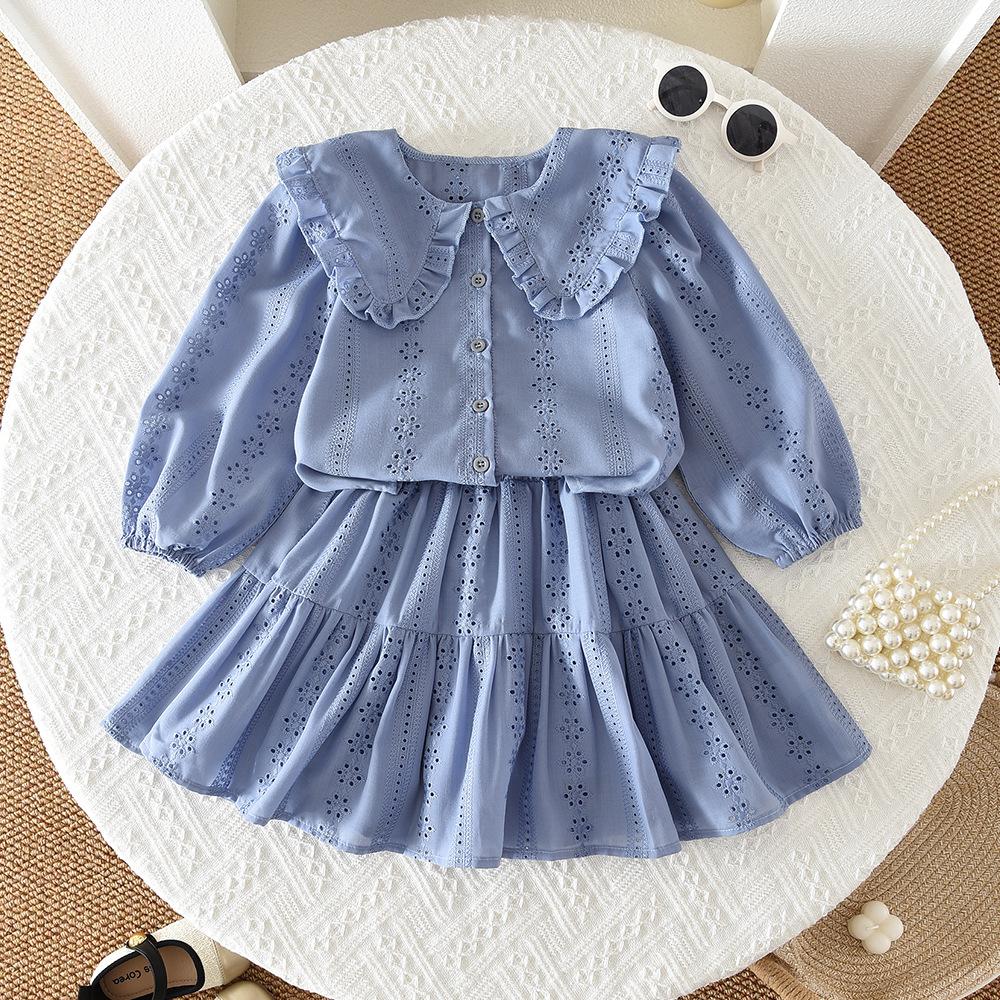 New Korean Style Girls' Clothing Doll Collar Turn-Down Collar Floral Embroidery Top and Short Skirt Two-Piece Casual Set
