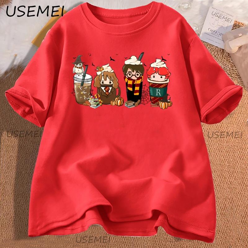 Cute Coffee Characters TShirt Women Men Aesthetic Tee Pumpkin Fall T Shirt Cotton Short Sleeve  Aesthetic High Quality Tees