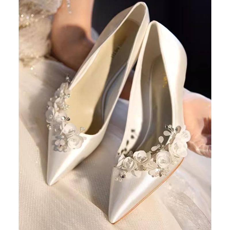 Pantofi de nuntă cu strasuri albe pentru femei, pantofi cu toc subțire cu vârf ascuțit franțuzesc, pantofi cu toc înalt, pantofi de mireasă romantici