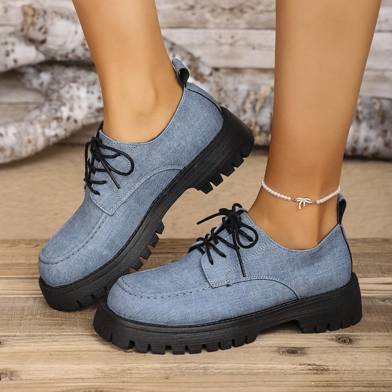 Large size platform women's spring and autumn new thick heel lace-up fashionable versatile and comfortable small leather shoes
