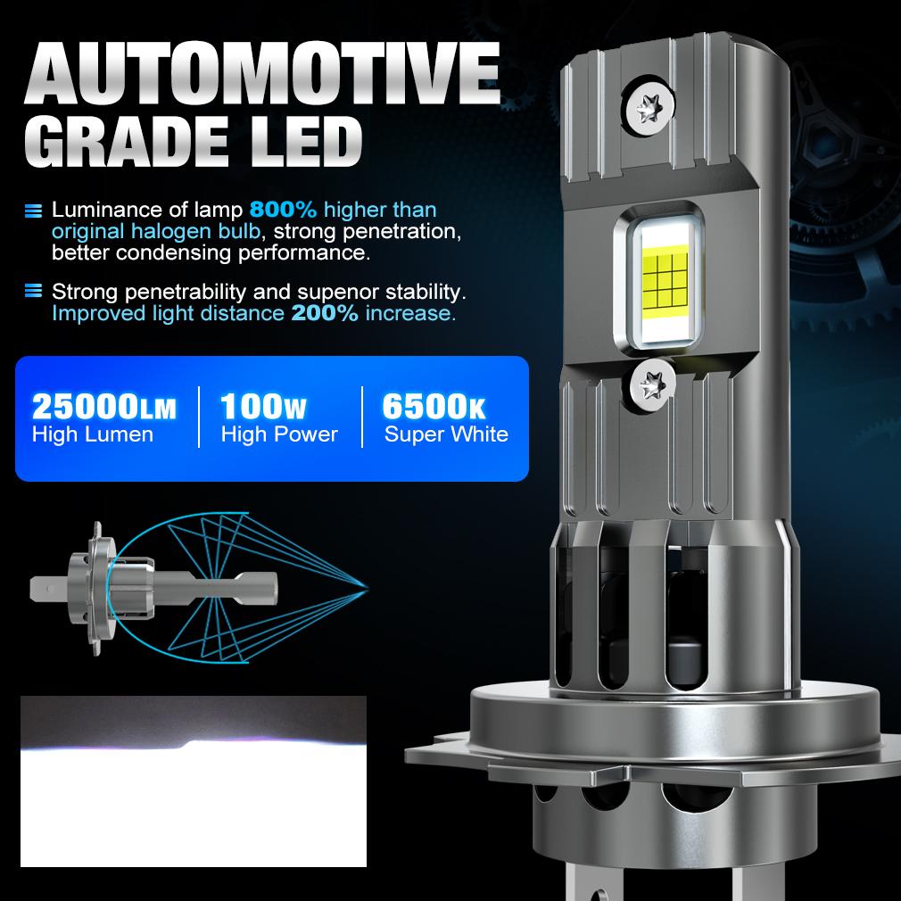 2Pcs H7 LED Powerful Headlight Bulbs Mini Wireless 100W 25000LM 6500K CSP for Car Headlamp Auto Diode Lamps H7 Turbo Led Automobile Play&Plug 12V