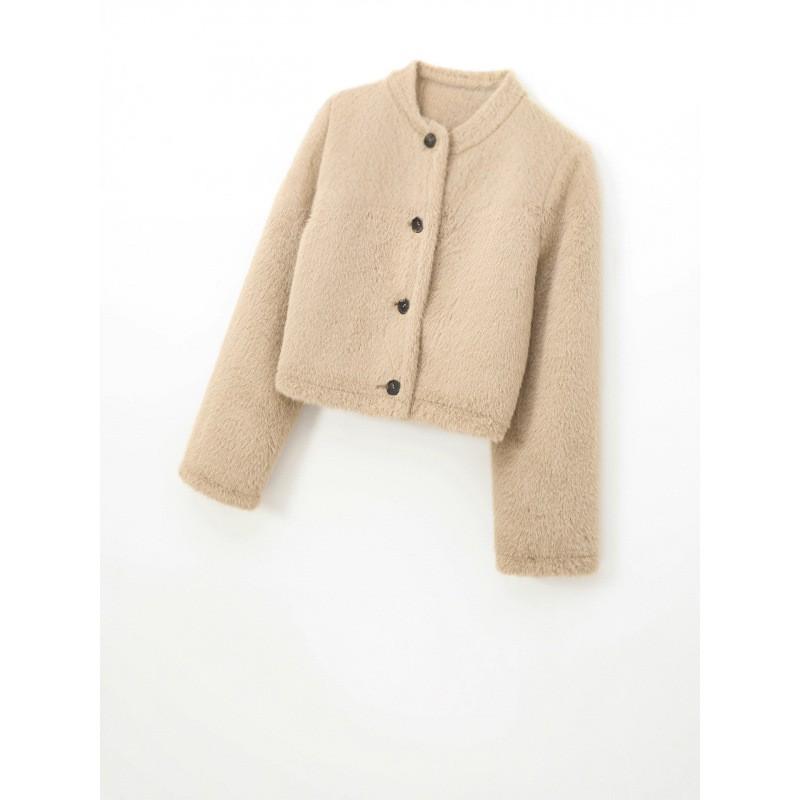 Womens Faux Fur Short Jacket Street Style Round Neck Long Sleeve Outerwear