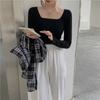 Square Collar Short Tops for Women New Korean Style Slim-fitting Bottoming Shirts Long-sleeved T-shirts Trendy