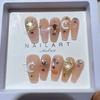 10Pcs Handmade French Gradient Cat Eye Press On Nails With 3D Butterfly Diamond Flowers Long Coffin Almond Shape