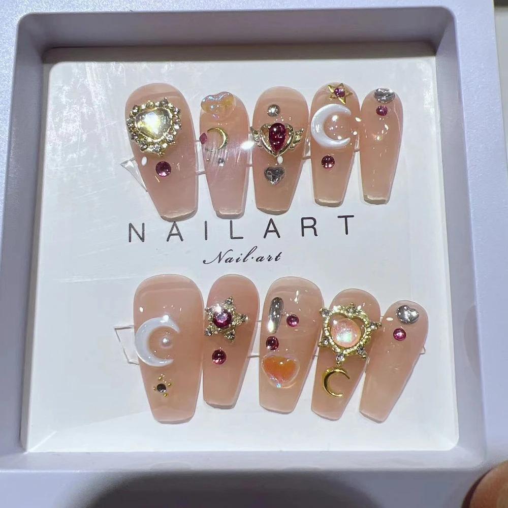 10Pcs Handmade French Gradient Cat Eye Press On Nails With 3D Butterfly Diamond Flowers Long Coffin Almond Shape