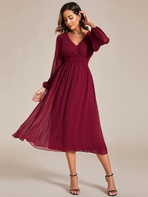 Ever-Pretty dames etherisch a-lijn chiffon v-hals lange mouwen elastische band midi jurk voor bruiloftsgasten