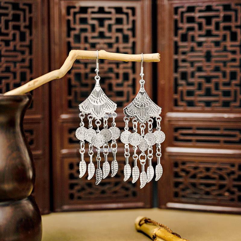 Miao Silver Tassel Dangle Earrings: Ethnic-Style Studs for Women