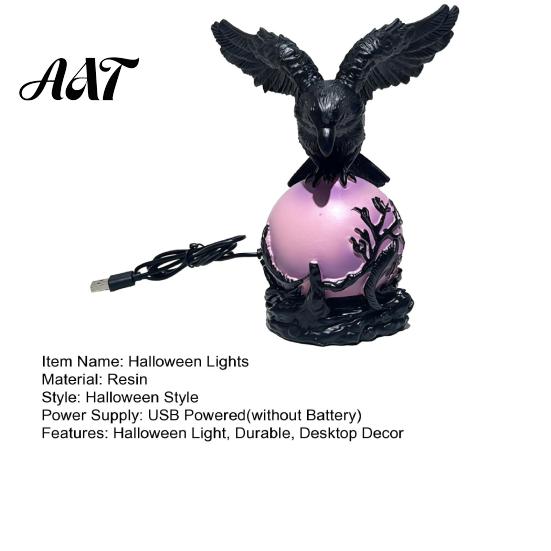 Halloween Home Decoration Gothic Crow Lamp, with Purple Light Ball, Resin Night Light, Matte Black Statue USB Powered Dark Style for