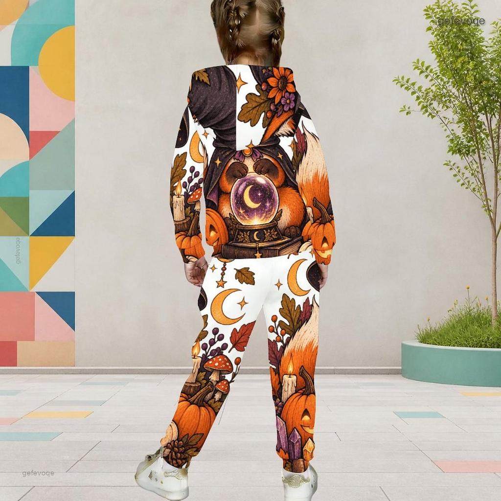 Girls Halloween Panda Ghost Printed Hooded Long Sleeve Kangaroo Pocket Cuffed Pants Two Piece Set