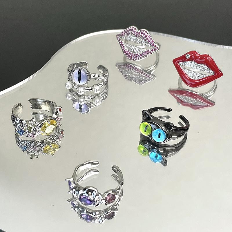 Red Lips Mouth Cat Eye Opening Ring Set Cold Style Personality Fashion Niche Design Ring Woman