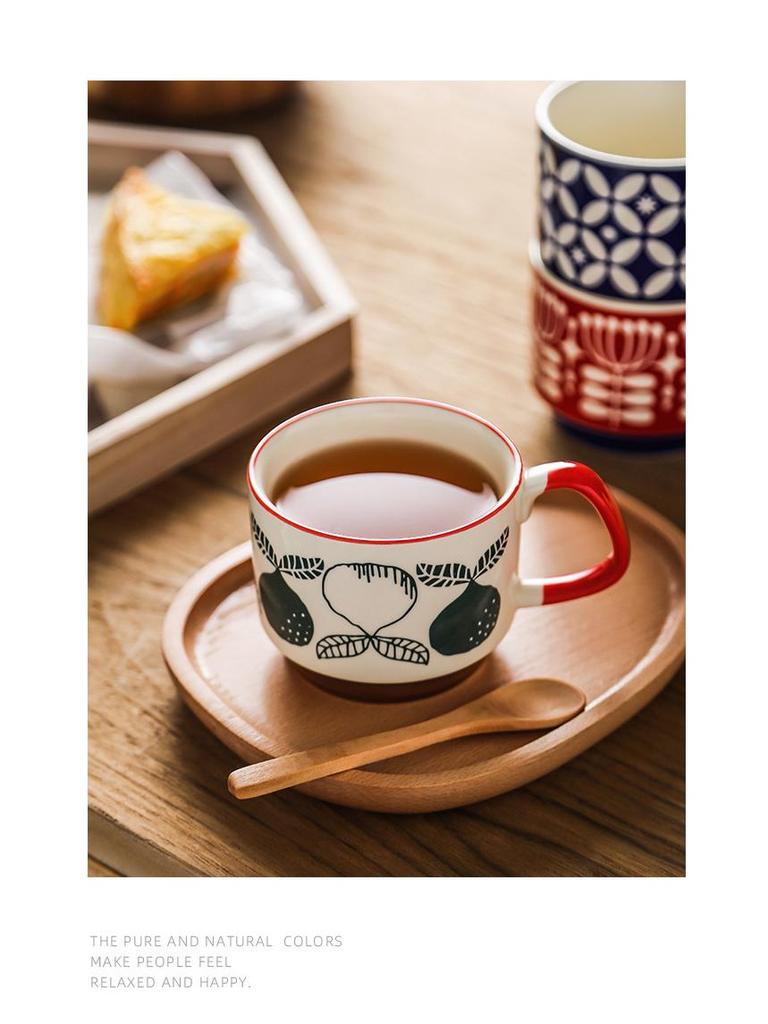 Japanese Retro INS Ceramic Drip Coffee Mug with Print - Stackable Creative Couple Breakfast Cup