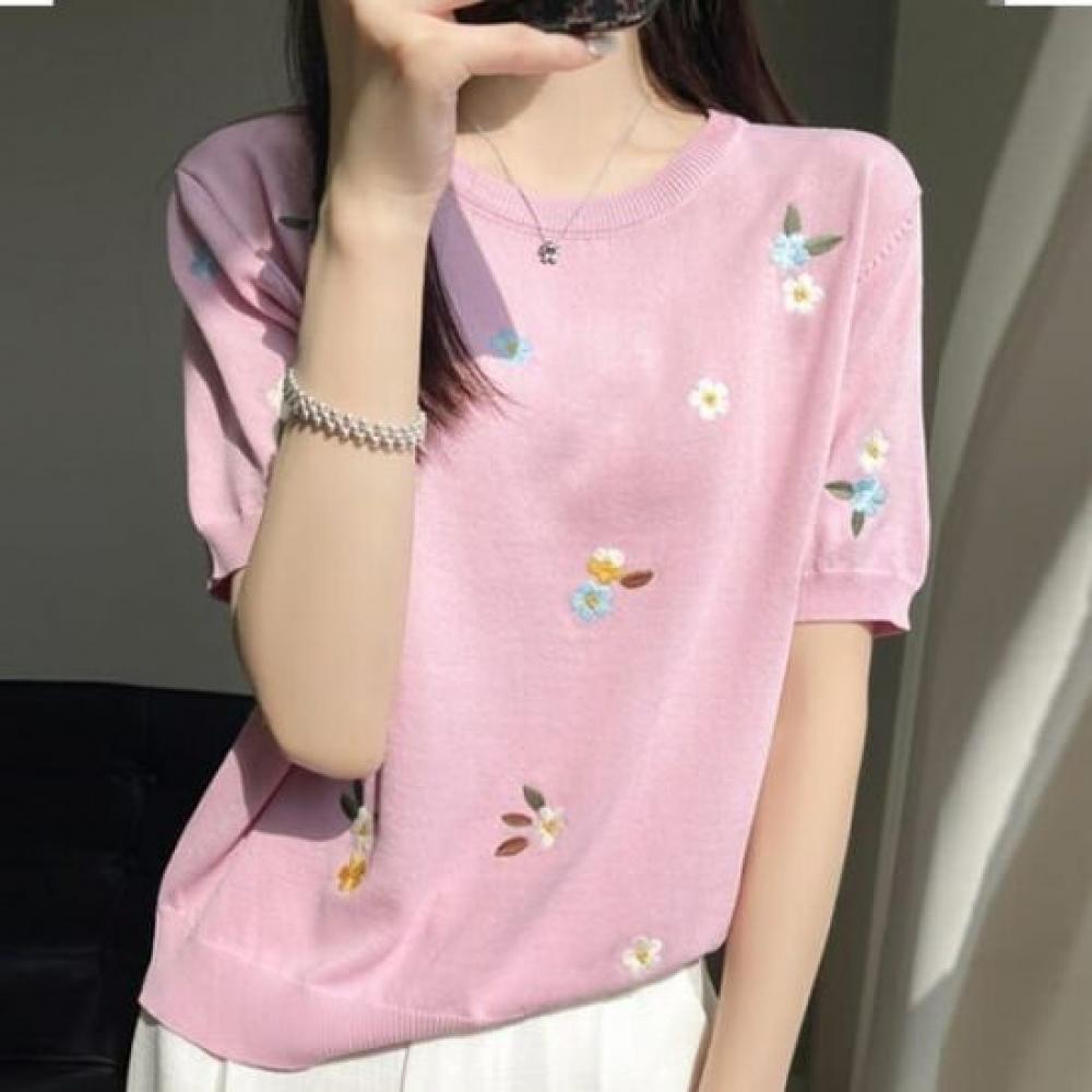 Navava Nk3057 Pastel Flower Embroidery Short Sleeve Knit