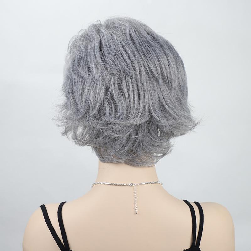 Women Mixed Gray Silver Curly Wigs with Bangs Grandma Synthetic Short Layered Hair Daily Party Cosplay Heat Resistant Fibre Wig