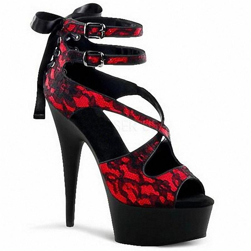 Sexy Fetish 6Inch Strip Thin High Heel Exotic Platform Sandals Women 15cm Pumps Rosy Red Patchwork Peep Toe Pole Dance Shoes