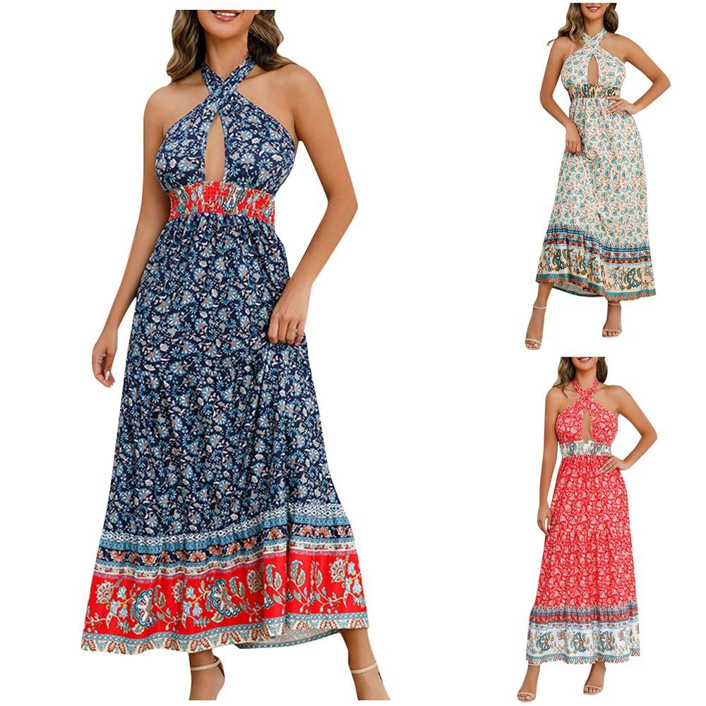 

Женские летние платья Повседневное пляжное платье с вырезом А-силуэта Безрукавки Застегнутая спина Бохо Цветочное длинное макси-платье