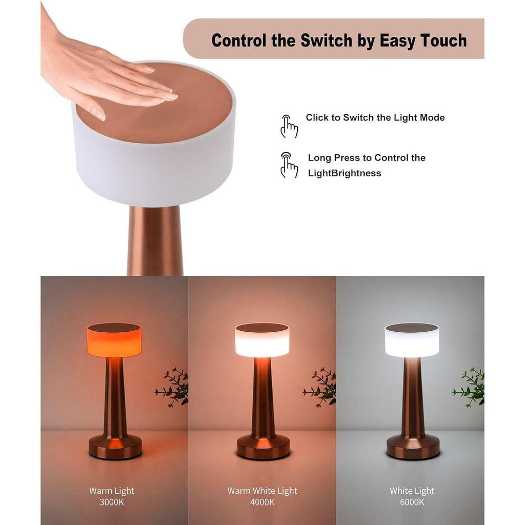 Stolní lampa Wick – Dotyková dobíjecí se 3 režimy osvětlení, Stmívatelná stisknutím, Elegantní povrchová úprava – Perfektní noční lampička