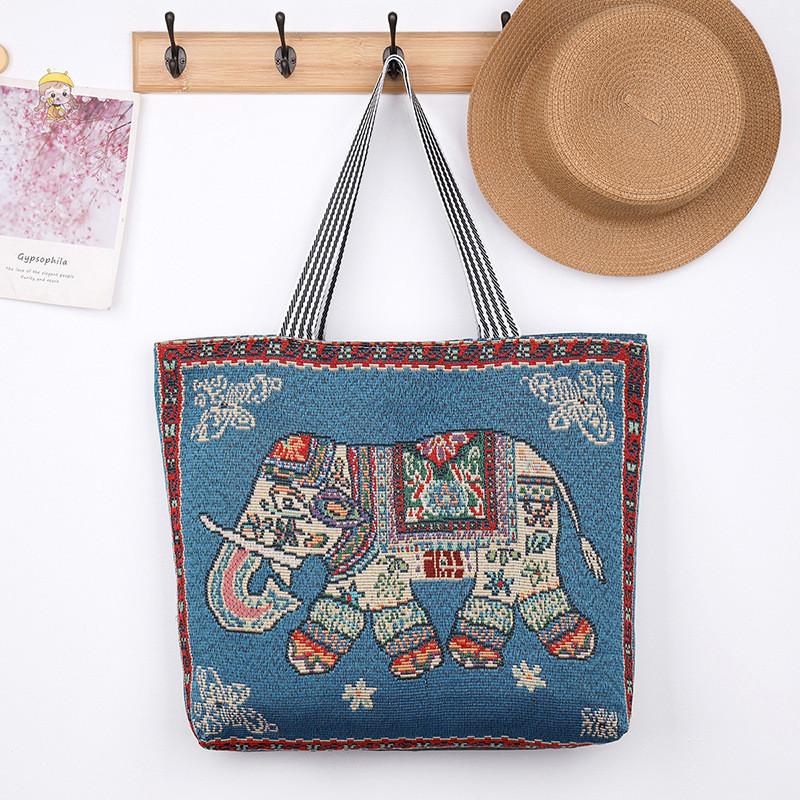 Elephant Hello Kitty Butterfly Embroidered Canvas Tote Bag With Seamed Stitching For Daily Use