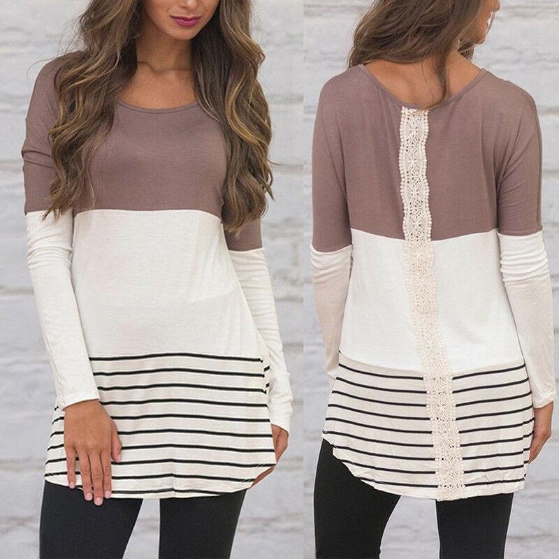 Elegant Women Striped Long Sleeve T Shirt Round Neck Casual Sweatshirt Blouse