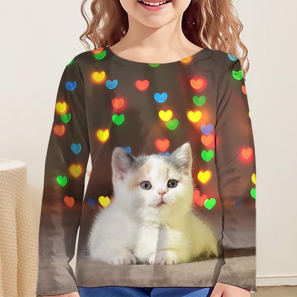 Children's Clothing Girl T-Shirts Long Sleeve 3D Cartoon Cat Print Kids Spring Fall Clothes Casual Round Neck Girl Clothes Tops
