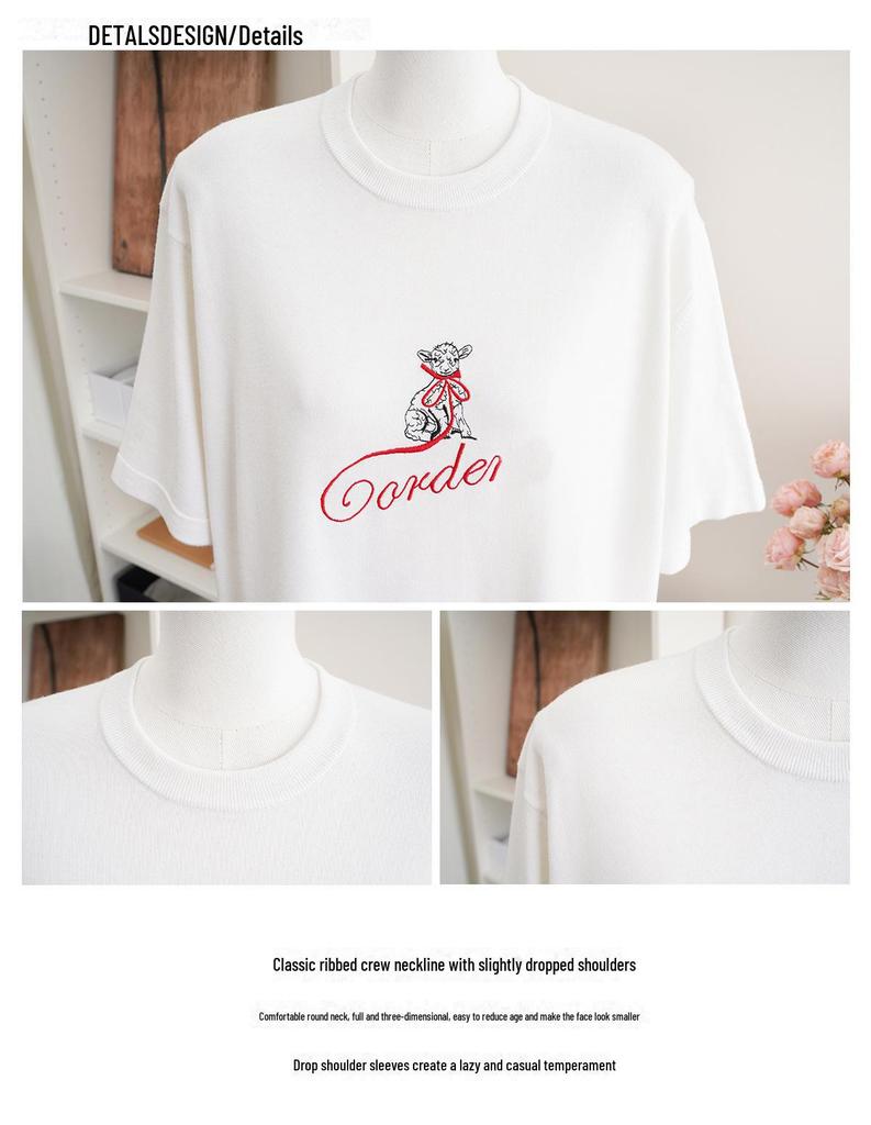 COR Women's White Embroidered Casual T-Shirt - Early Spring Loose Fit, Slim Short-Sleeved Knit with Lamb Design.