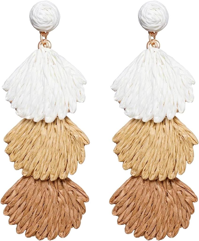 Raffia Dangle Earrings for Women - Boho Statement Rattan Drop Jewelry Shell Design, Lightweight Summer Beach Trendy Accessories