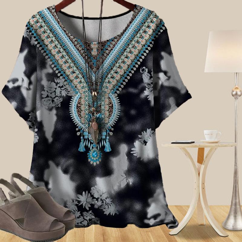 Women's Casual Loose Spring Shirt Women's Short Sleeve Personalized Retro Ethnic Style Printed Tops