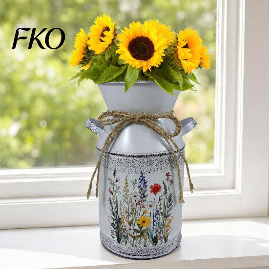 Farmhouse Decor Vase Vintage Iron Flower Bucket, Rustic White Double-Handle Metal with Floral Print & Jute Dried Holder Bow, Tabletop for