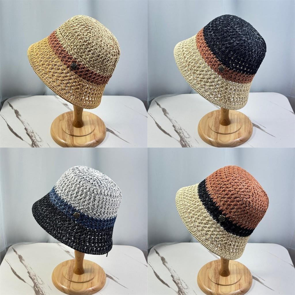 Vintage Color Block Knit Cotton Linen Fisherman Hat For Women Spring Summer Bucket Hat Sunscreen Chapeau Retro