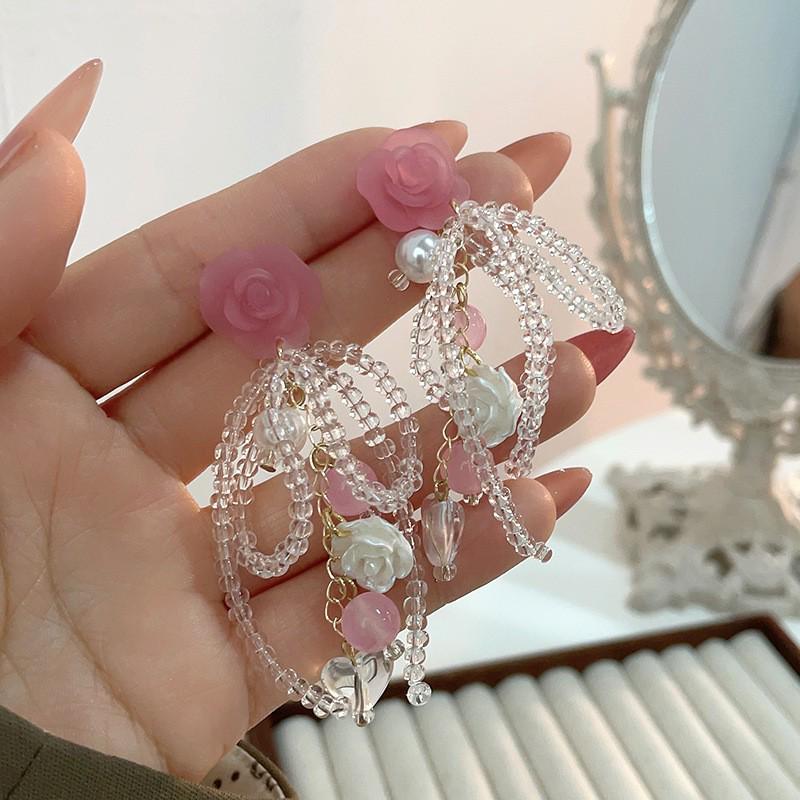 

S925 Silver Rose Bow Stud Earrings with Tassel Flowers