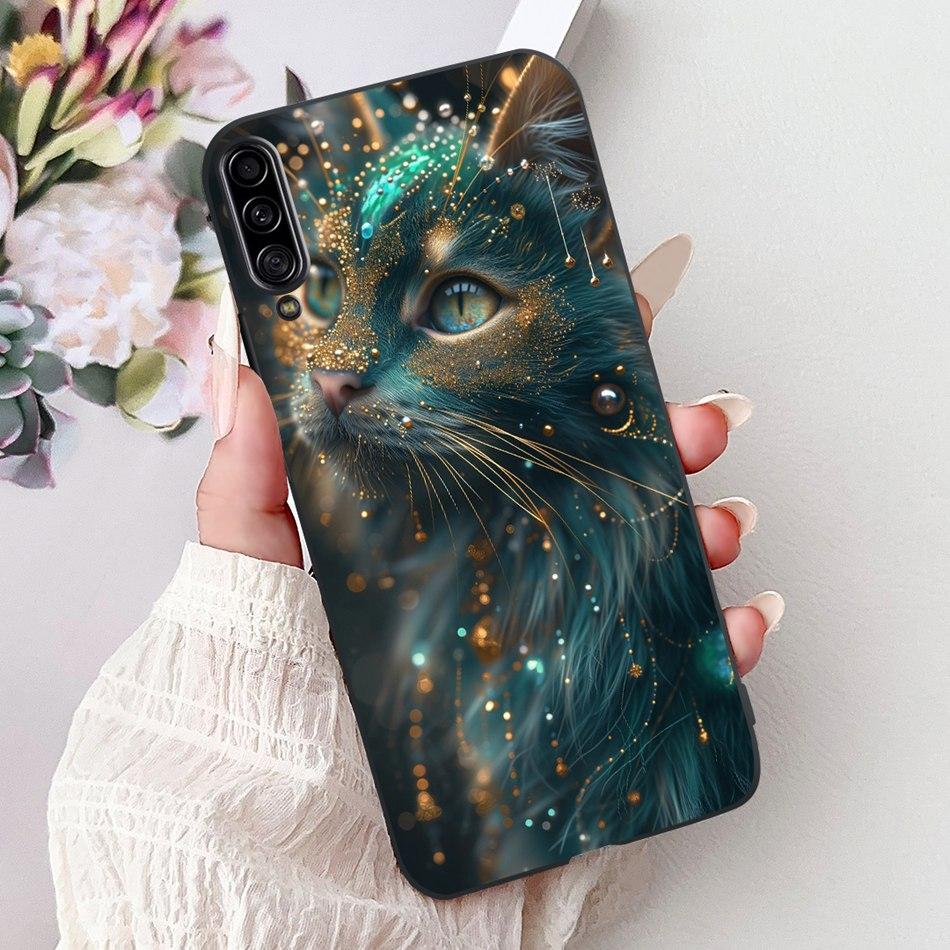 For Samsung Galaxy A90 5G Phone Case For Samsung A90 5G SM-A908B Elegant Floral Cat Painted Black Silicone Soft TPU Cases
